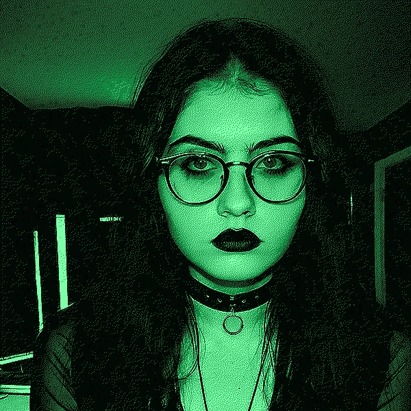 The author, in green phosphor: round glasses, a studded choker, lit by monitors in a dark room.