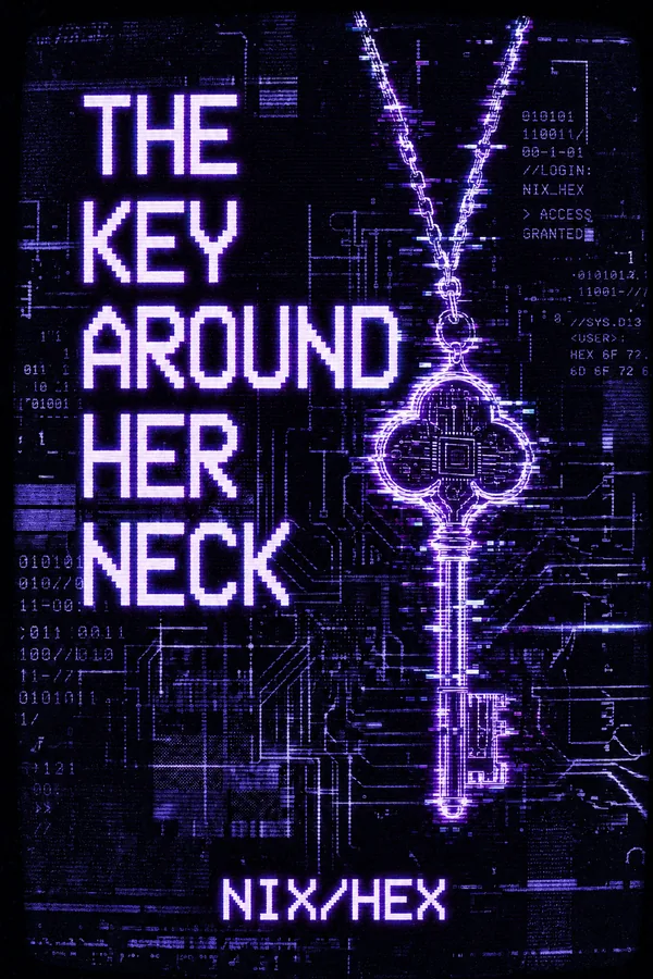 Cover of The Key Around Her Neck: a circuit-etched key on a chain, glowing violet against a dark board.