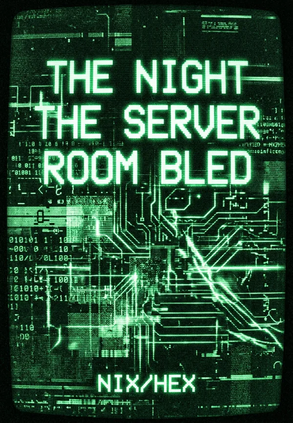 Cover of The Night the Server Room Bled: circuit traces and columns of binary over a glitched dark field, titled in phosphor green.